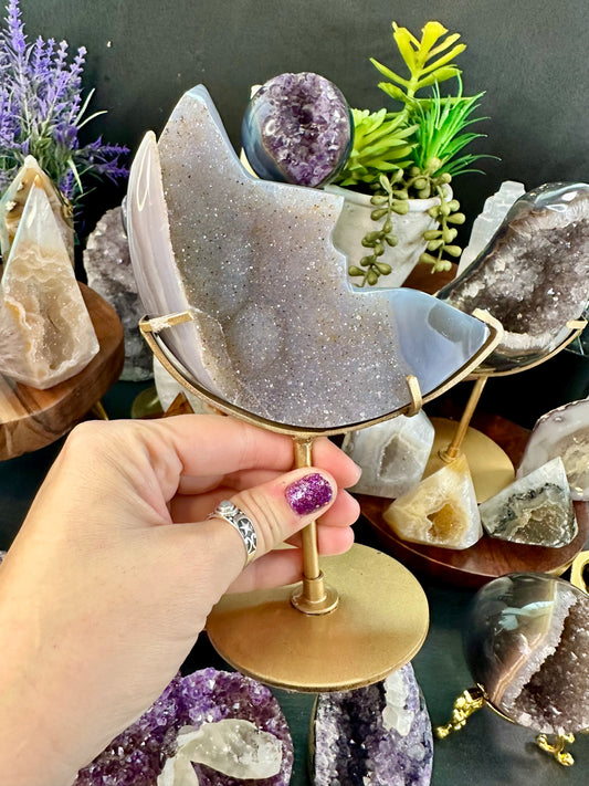 Sugar druzy agate moon with stand