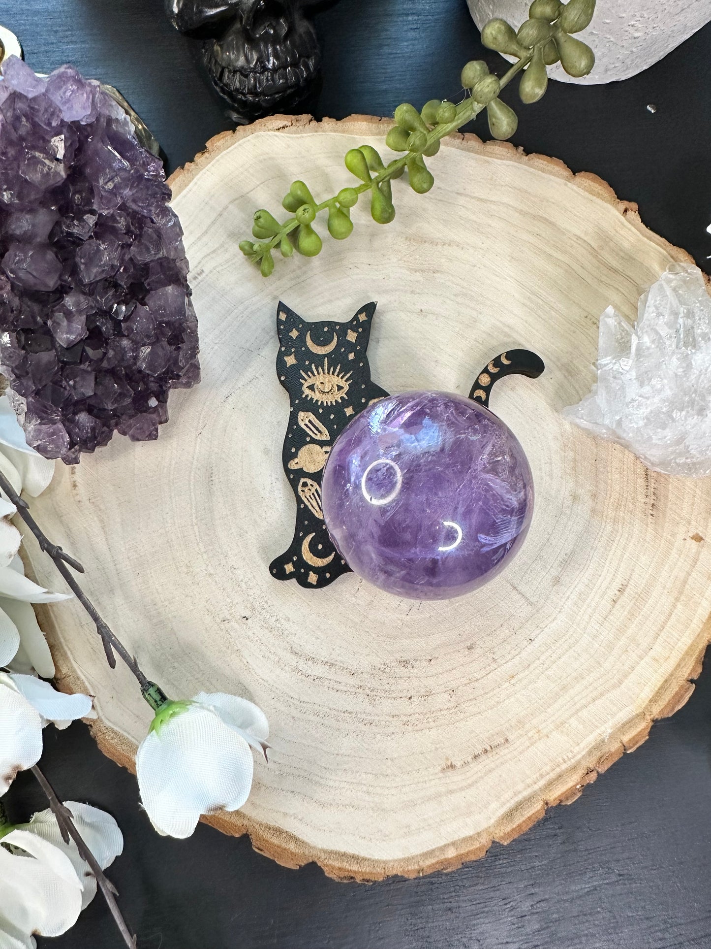 Wood Celestial cat sphere holder