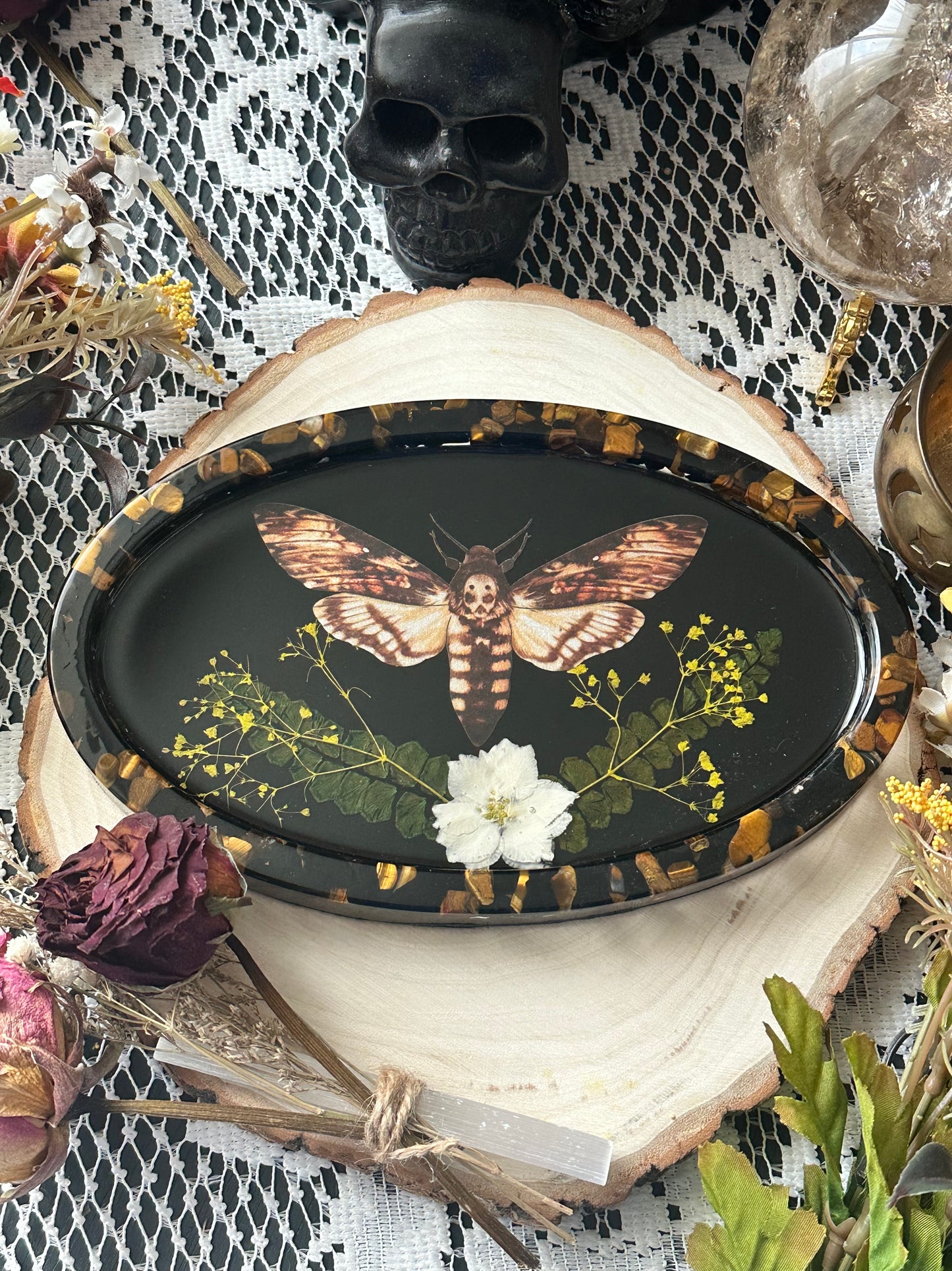 Black tourmaline and tigers eye death moth oval trinket tray