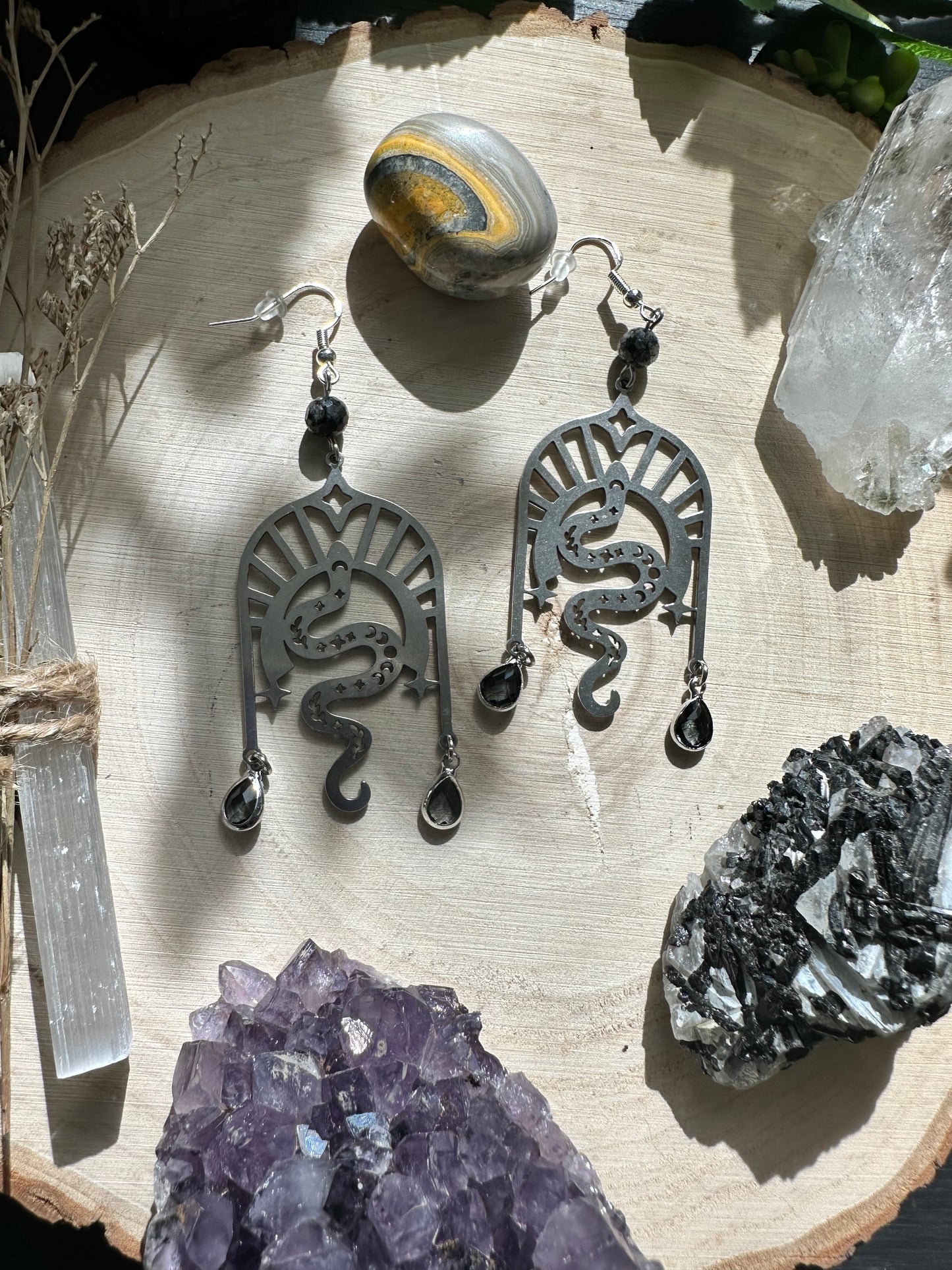 Black Tourmaline Snake Arch Earrings