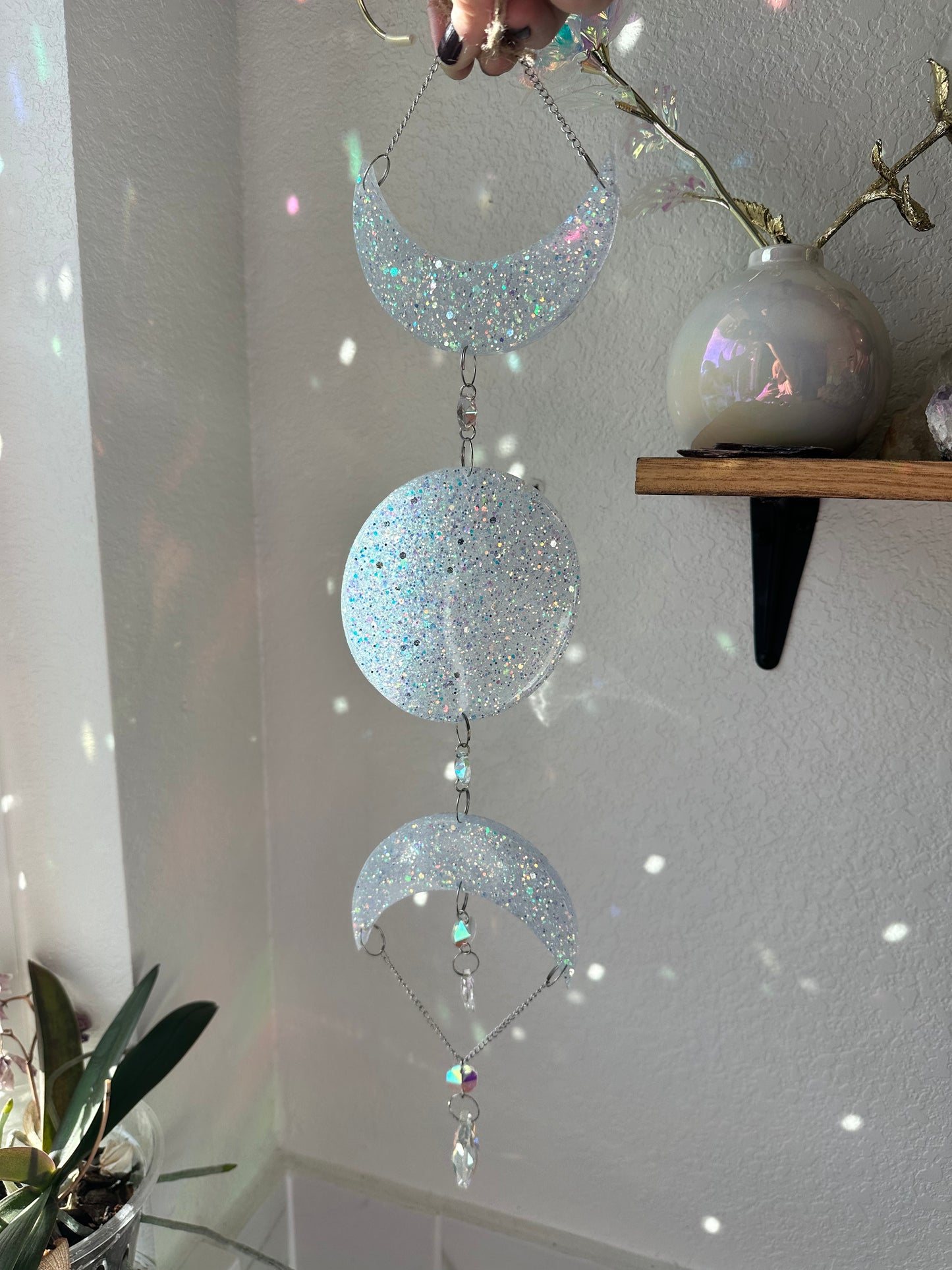 White Glitter Resin Triple Moon Sun Catcher