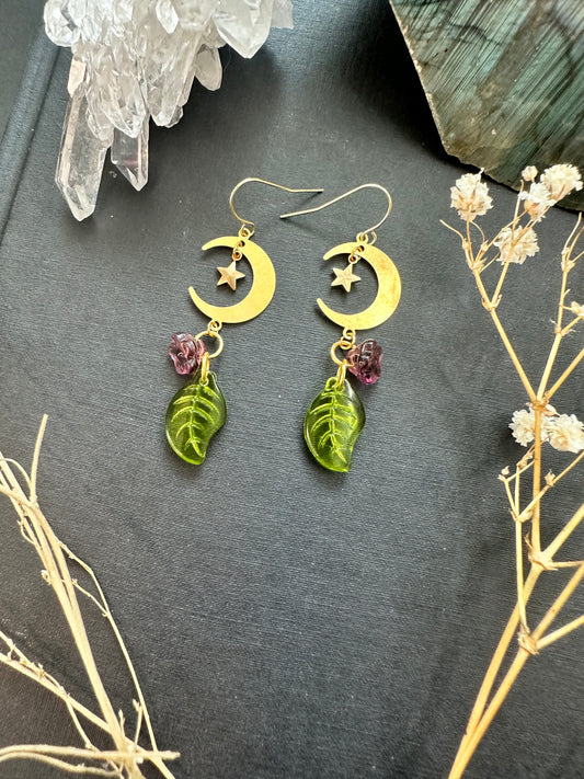 Leaf and Flower Whimsical Moon Earrings