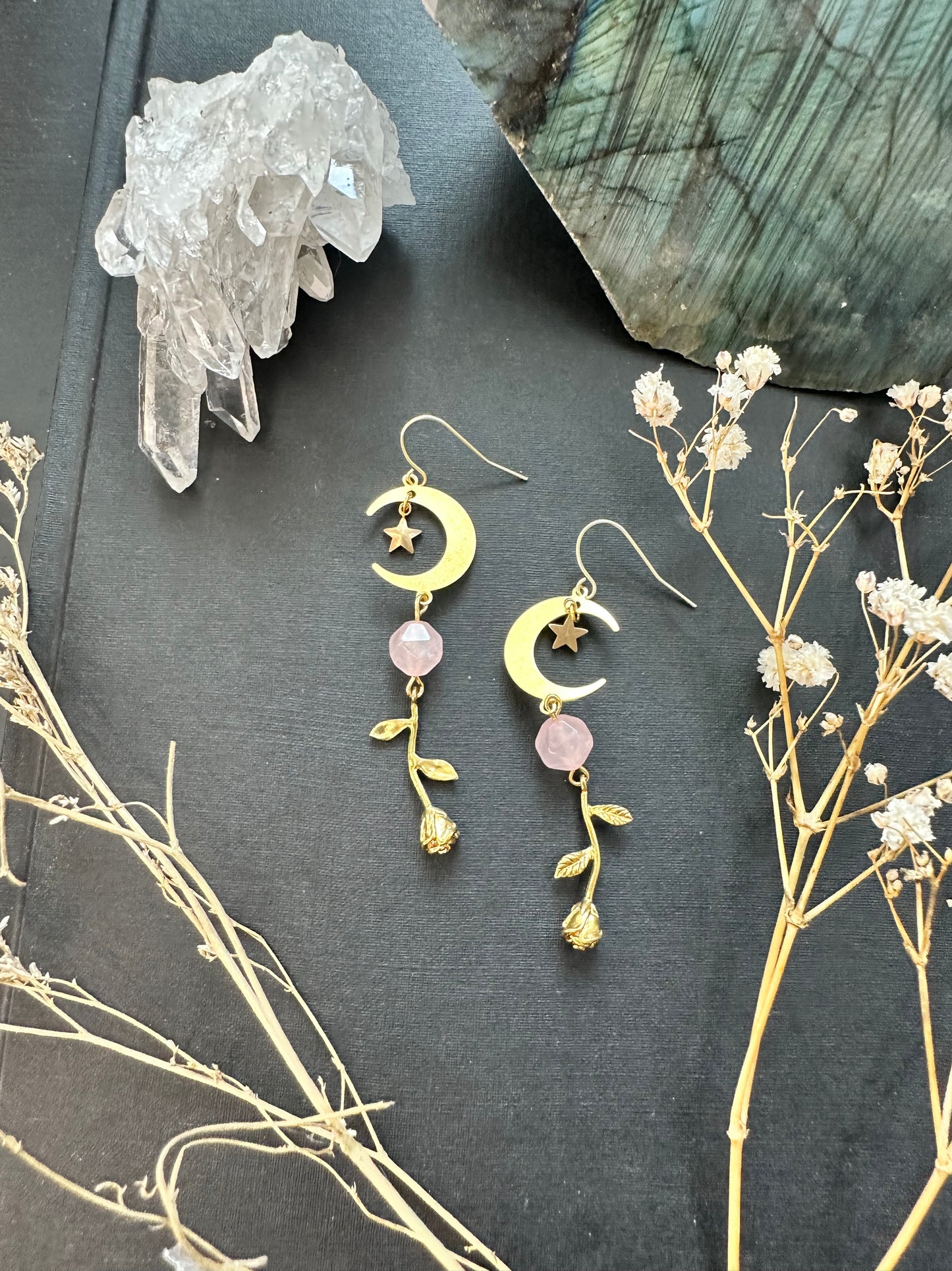 Rose Quartz Whimsical Moon Earrings