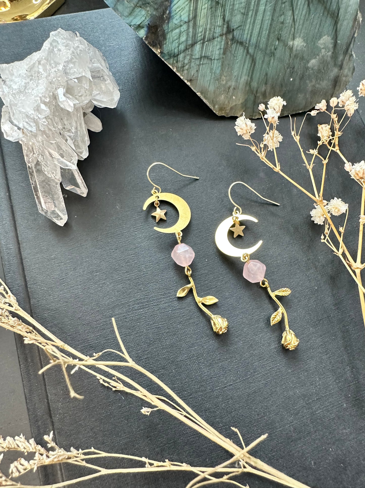 Rose Quartz Whimsical Moon Earrings