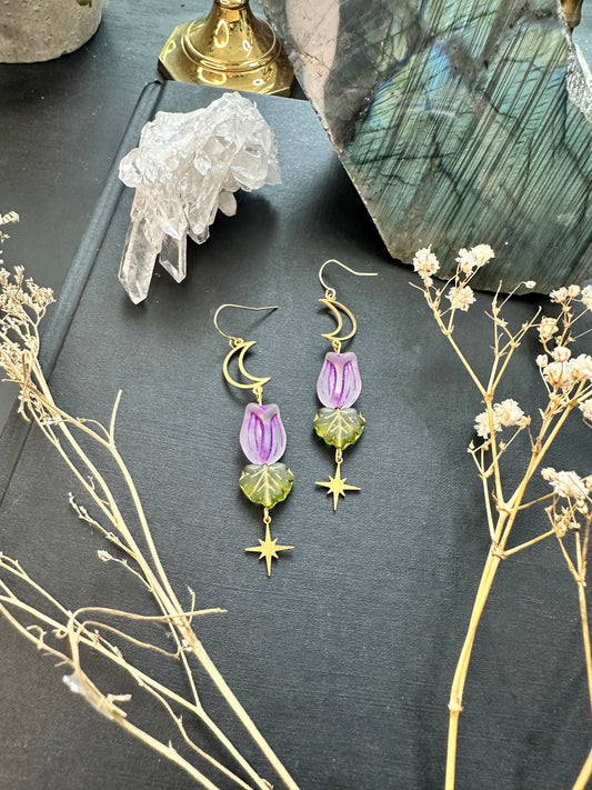 Tulip Flower Whimsical Moon Earrings