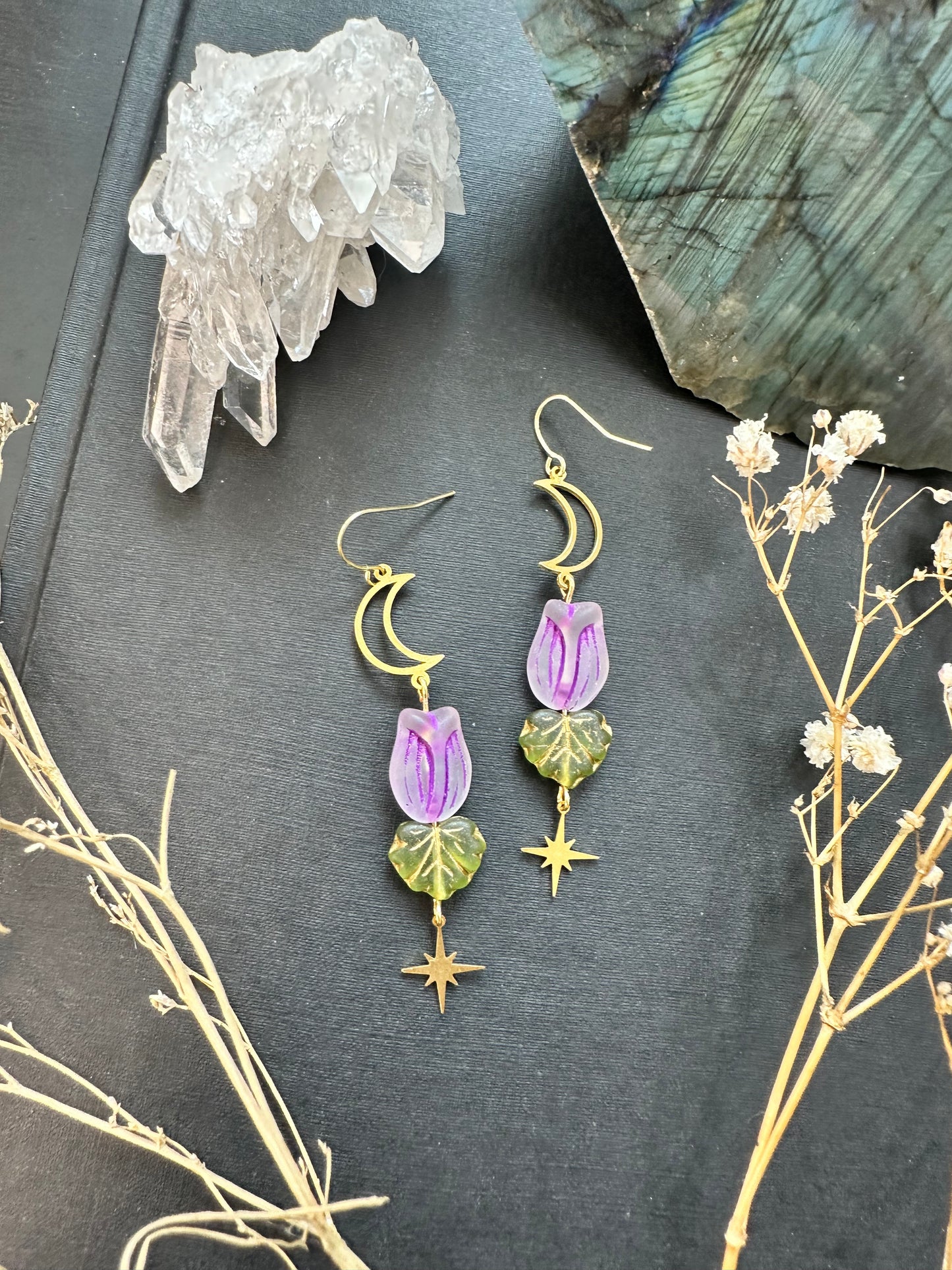 Tulip Flower Whimsical Moon Earrings