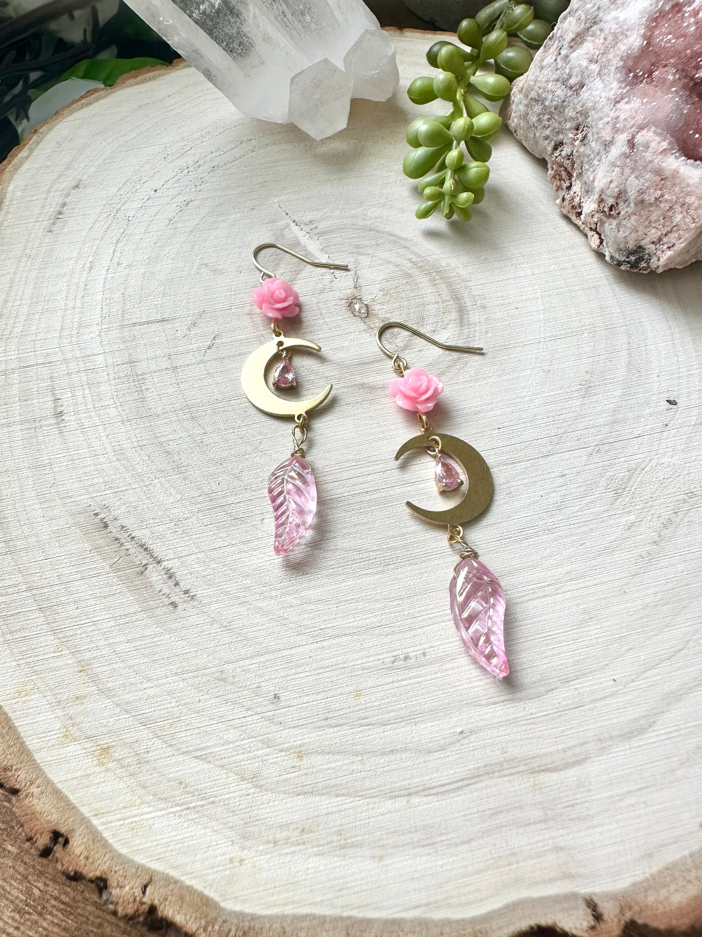 Whimsical pink rose moon earrings