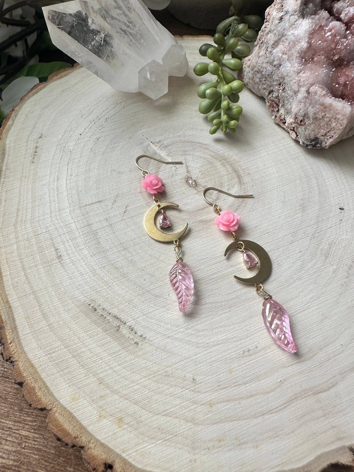 Whimsical pink rose moon earrings