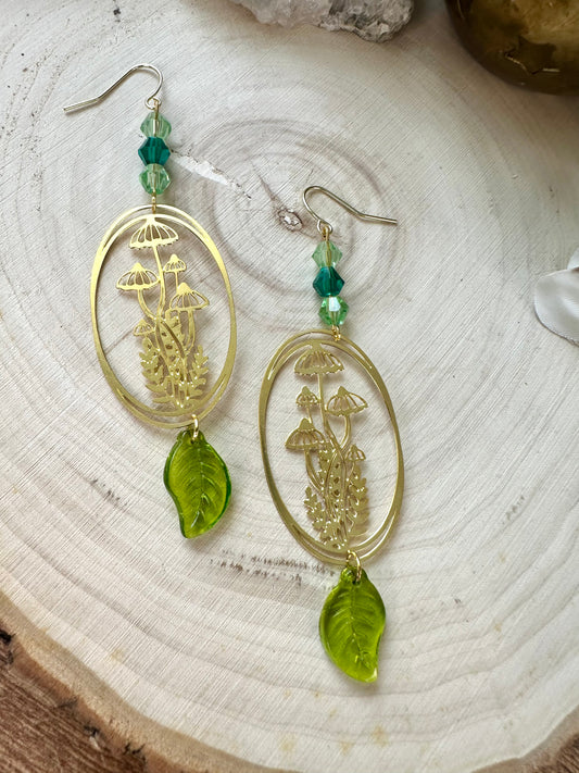Green leaf mushroom earrings