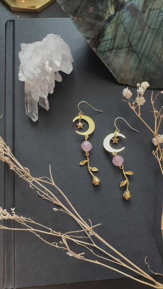 Rose Quartz Whimsical Moon Earrings