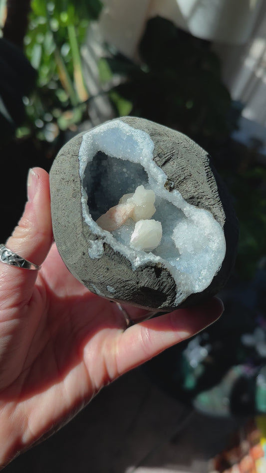 Apophyllite and stilbite geode Sphere