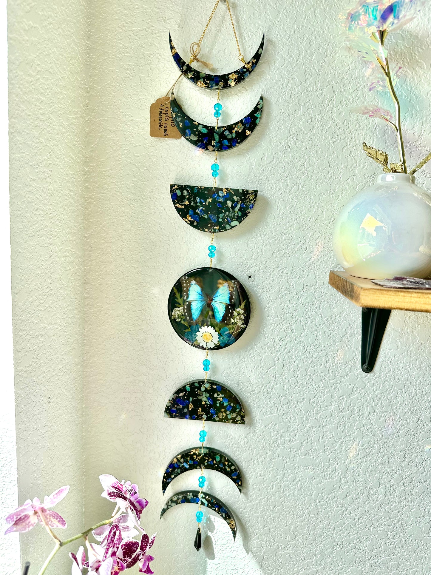 Blue morpho butterfly resin moon phase wall hang