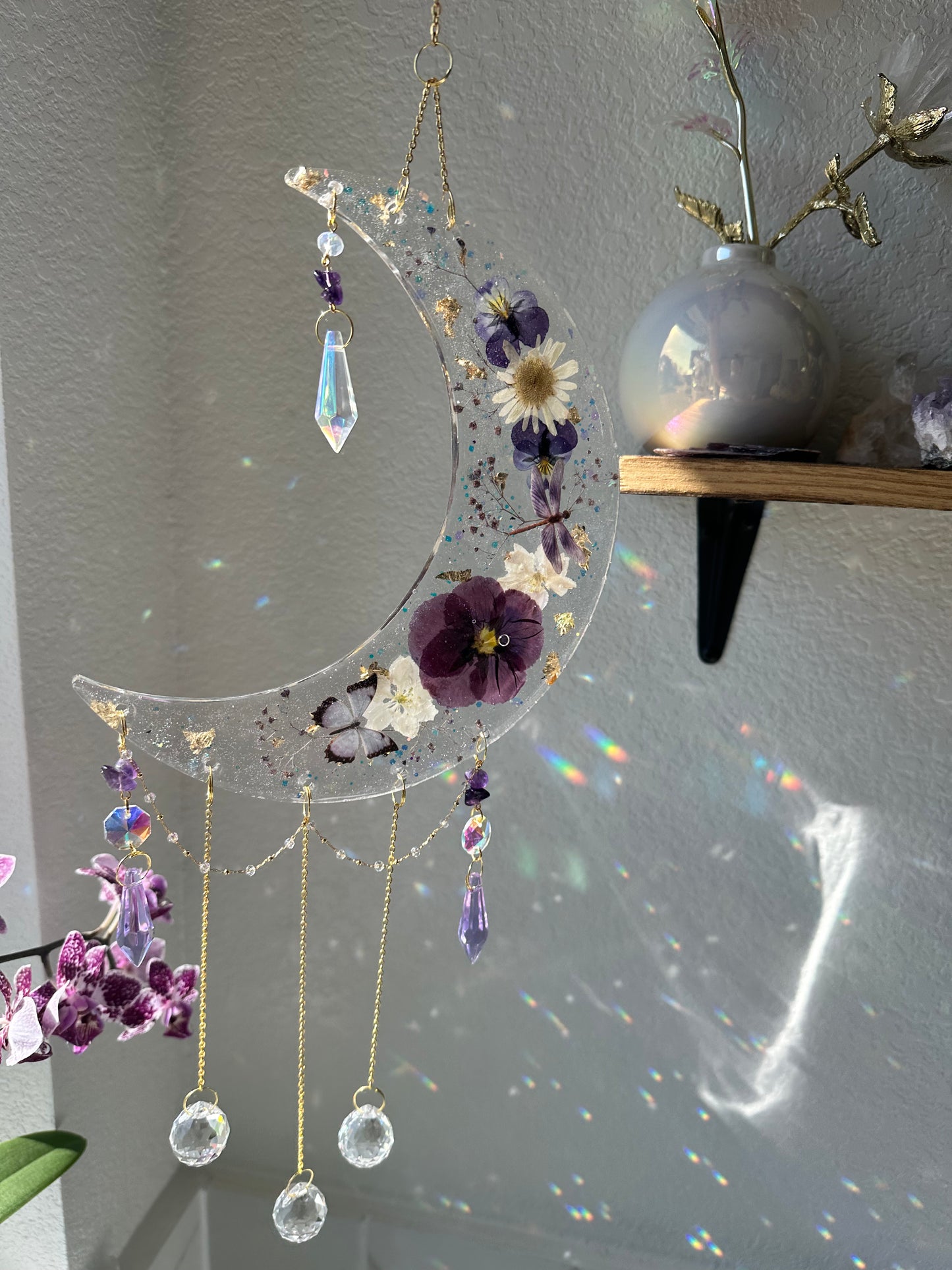 Purple flower crescent moon sun-catcher/wall hang